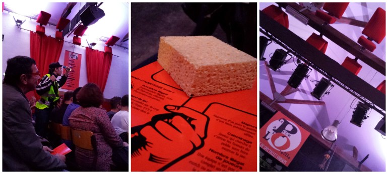 G. Le chasseur de caribou en action M. Carton de vote et éponge à lancer sur l'arbitre D. Les fauteuils confortables de La Puce sont accrochés au plafond